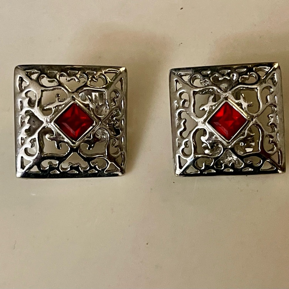 YSL Square Silver Clip On Earrings with Red Faceted Lucite Gem